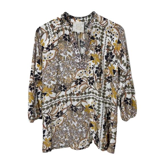 Johnny Was Phoenix Tunic Top XS Silk Floral Boho Print Purple Blue Gold V-Neck - Picture 2 of 7